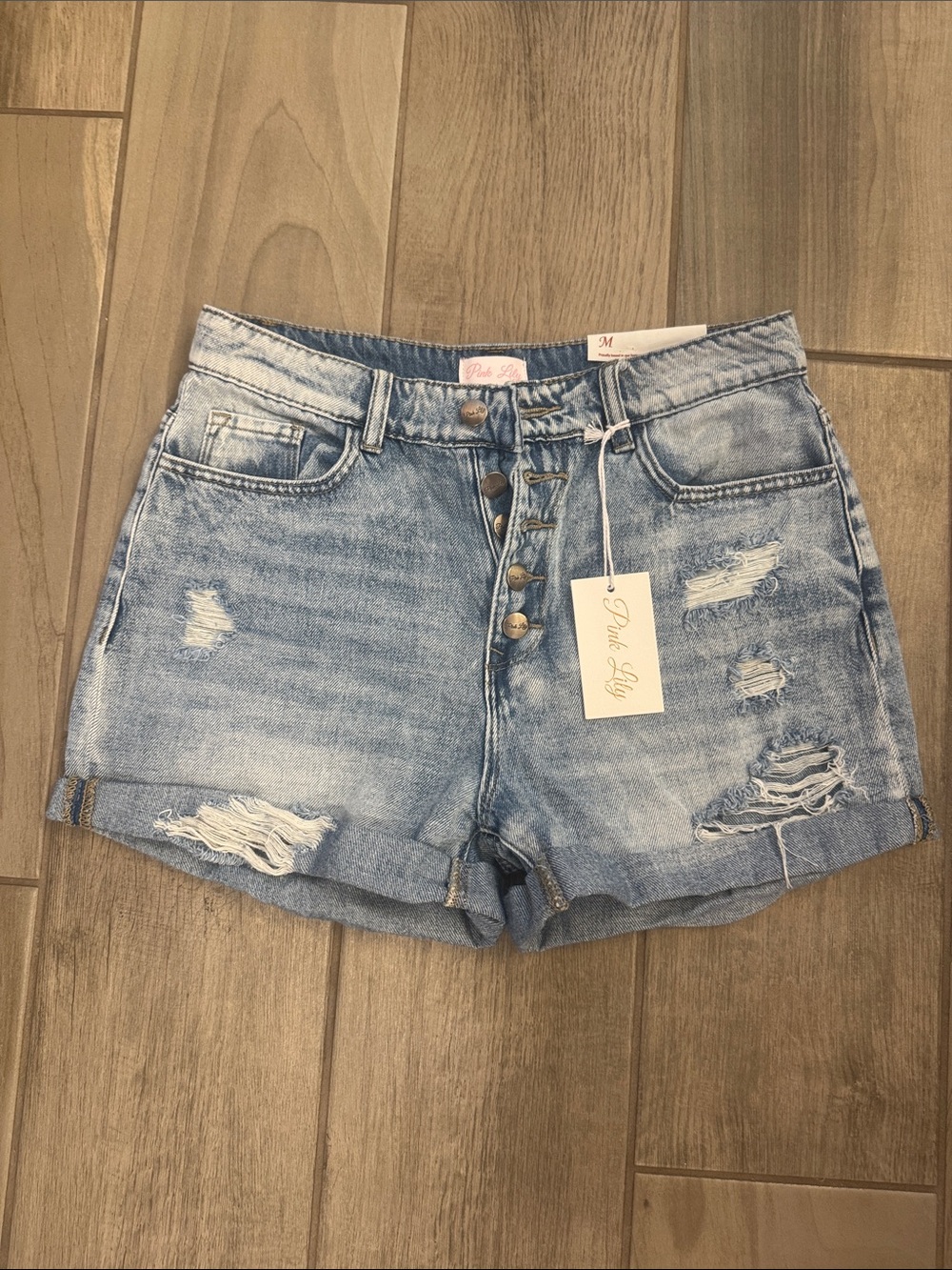 Pink Lily Faded Light Blue Distressed Button-Front Jean Shorts